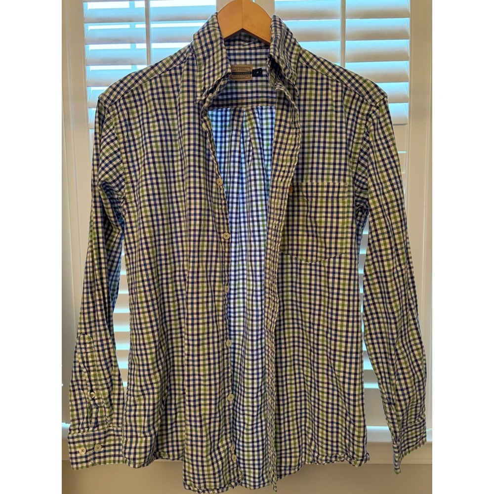 Southern Marsh Mens Small Gingham Button Down Shirt Navy Green Plaid Cotton VSGE